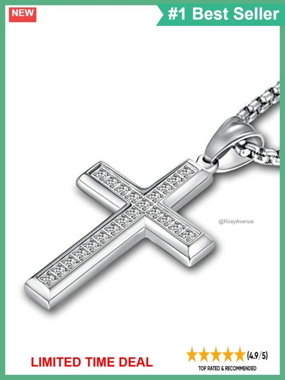 Men's Stainless Steel Cross Necklace Cubic Zirconia Rolo Chain 24"